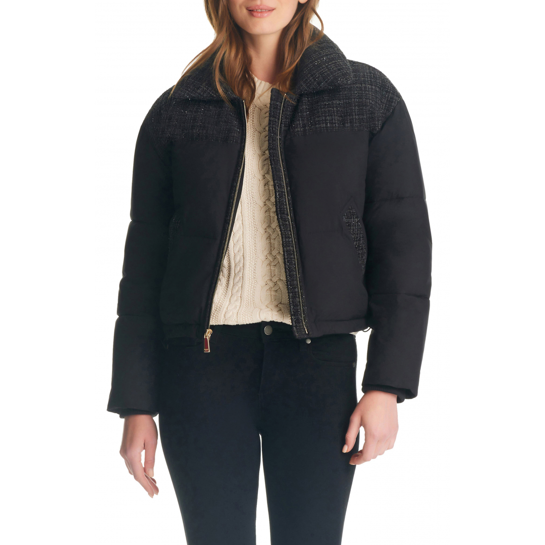 Women's 'crop tweed mix media puffer jacket'