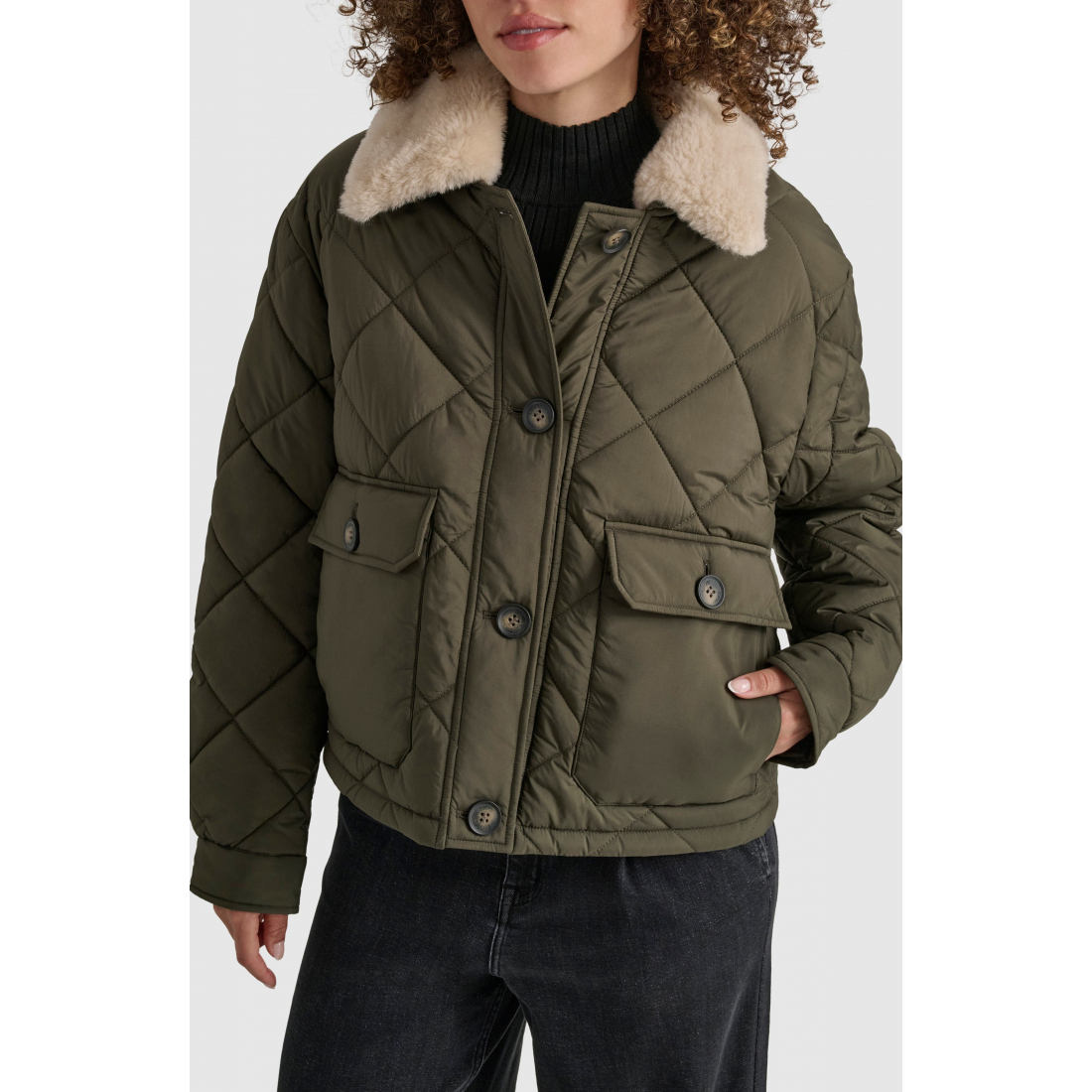 Women's 'Crop Quilted Jacket with Faux Fur Trim'