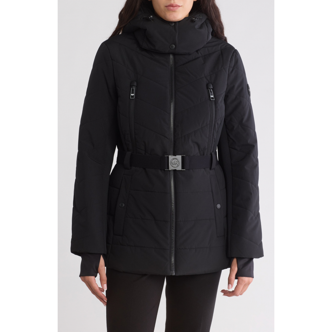 Women's 'Hooded Belted Chevron Quilted Puffer Jacket'