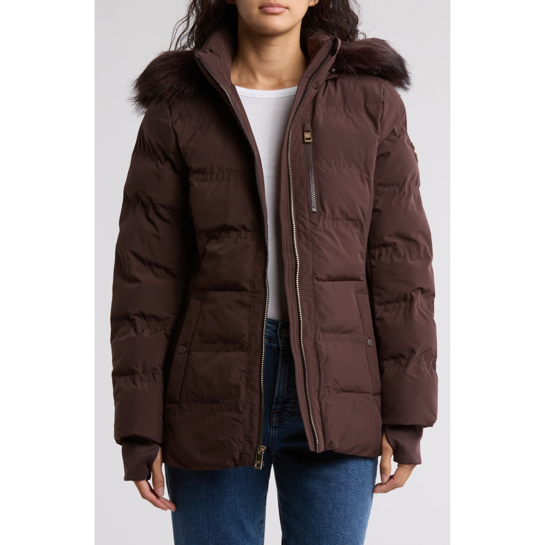 'Faux Fur Trim Water Resistant Hooded Puffer Jacket' für Damen