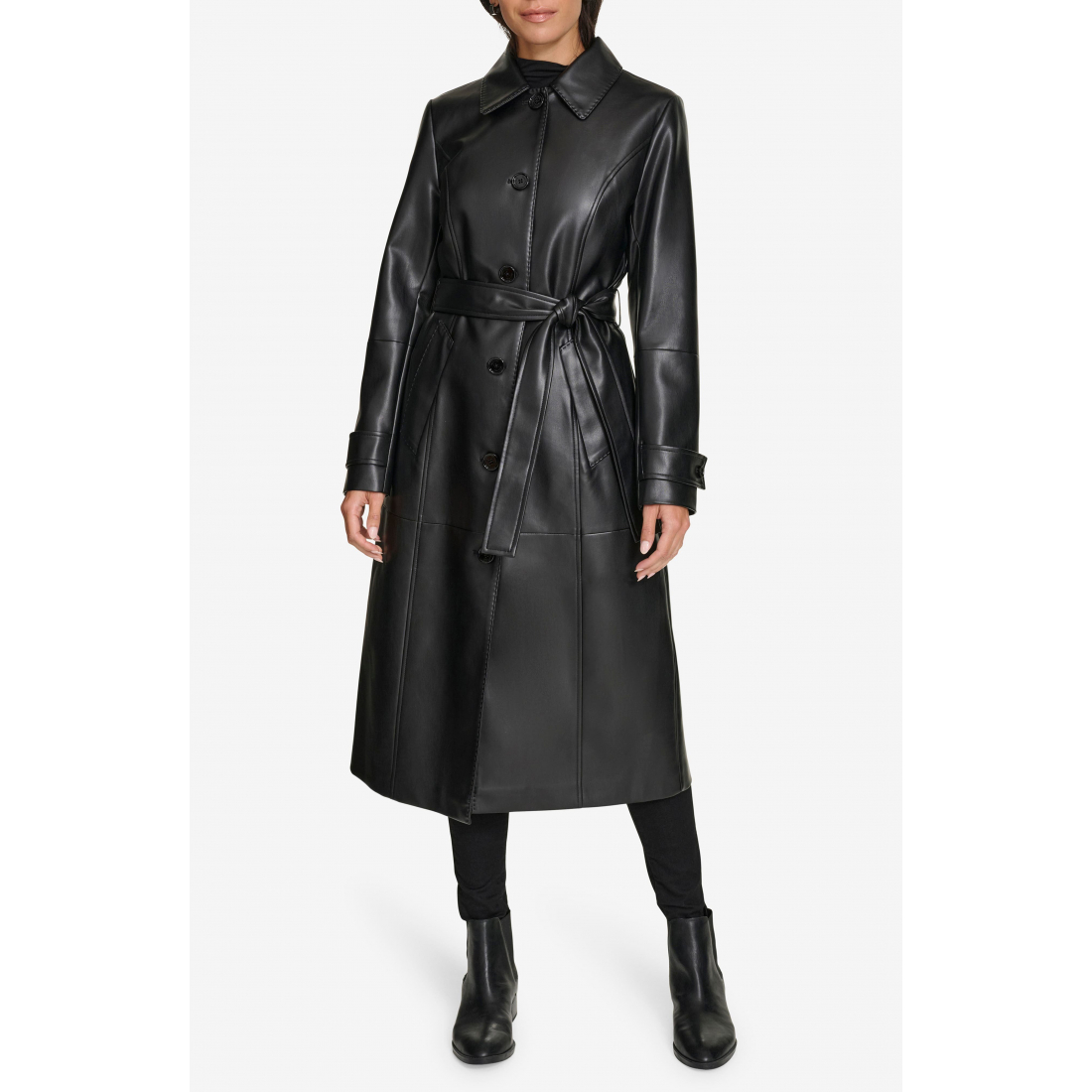 Faux Leather Belted Trench Coat' pour Femmes