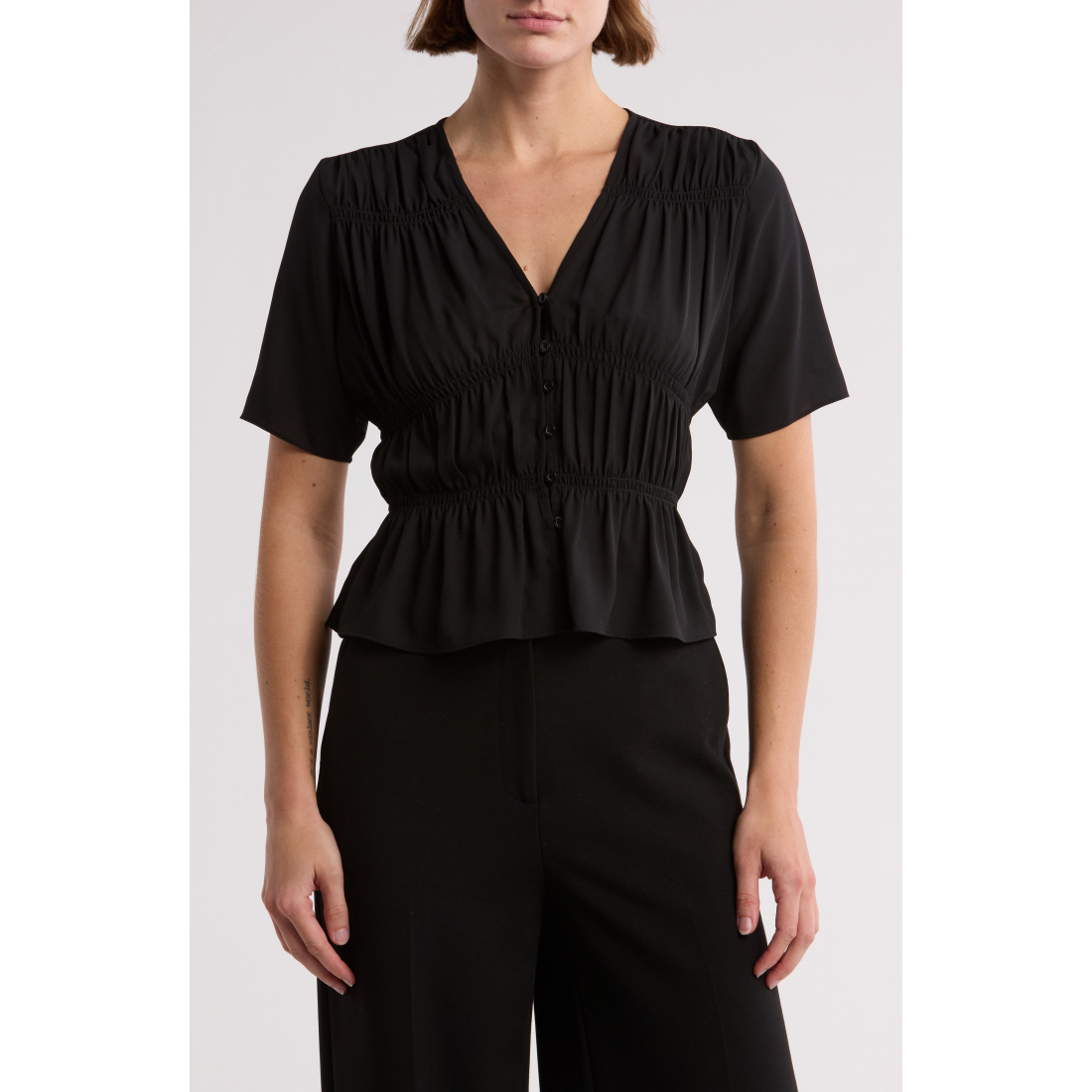 'Ruched Button-Up' Kurzärmelige Bluse für Damen