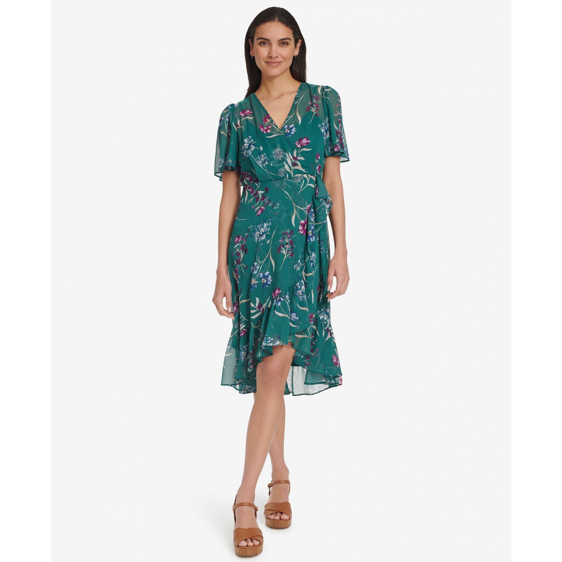 'Flutter-Sleeve Ruffled High-Low' Kleid mit kurzem Ärmeln für Damen