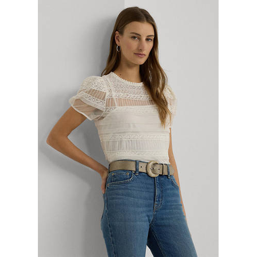 'Lace-Trimmed Puff-Sleeve' Bluse für Damen