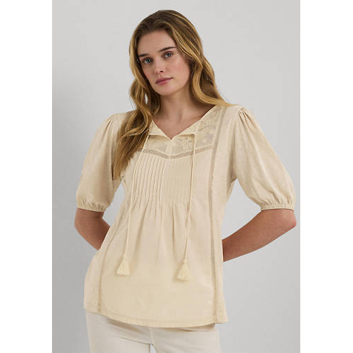 'Embroidered Jersey Tie Neck' Top für Damen