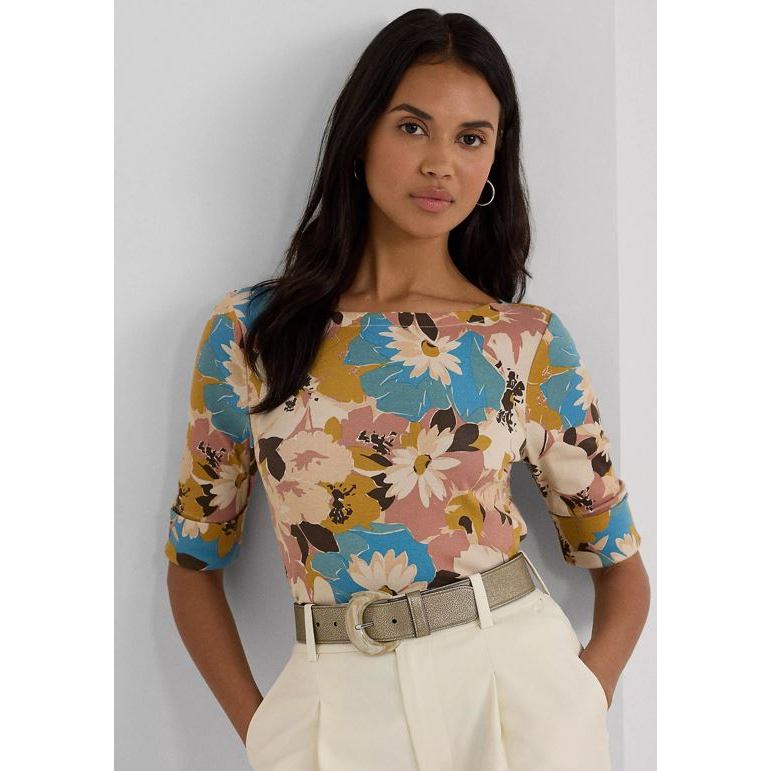 T-shirt 'Floral Stretch Cotton Boat Neck' pour Femmes