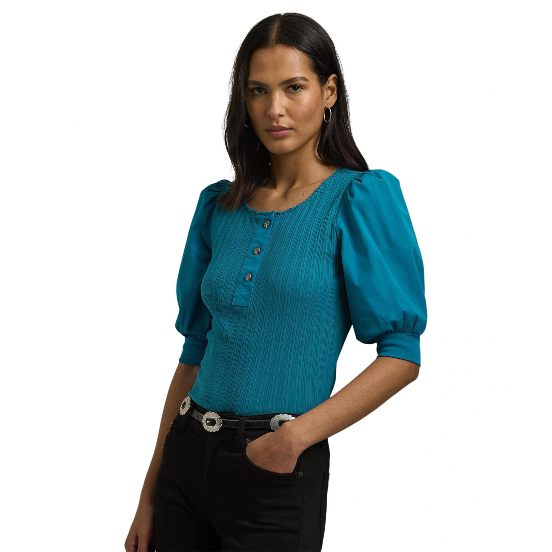 'Pointelle Puff Sleeve' Henley für Damen