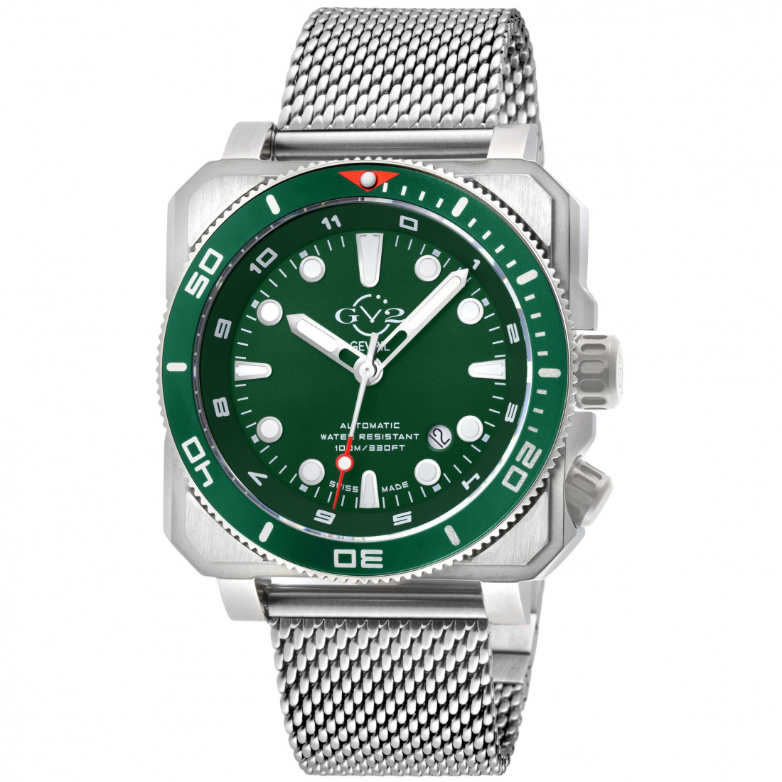 Men's XO Submarine SS Case, SS/GRN Bezel, Green Dial, Stainless Steel Bracelet