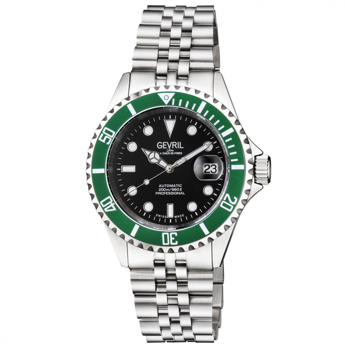 Men's Wall Street black Dial Green Bezel Stainless Steel Bracelet