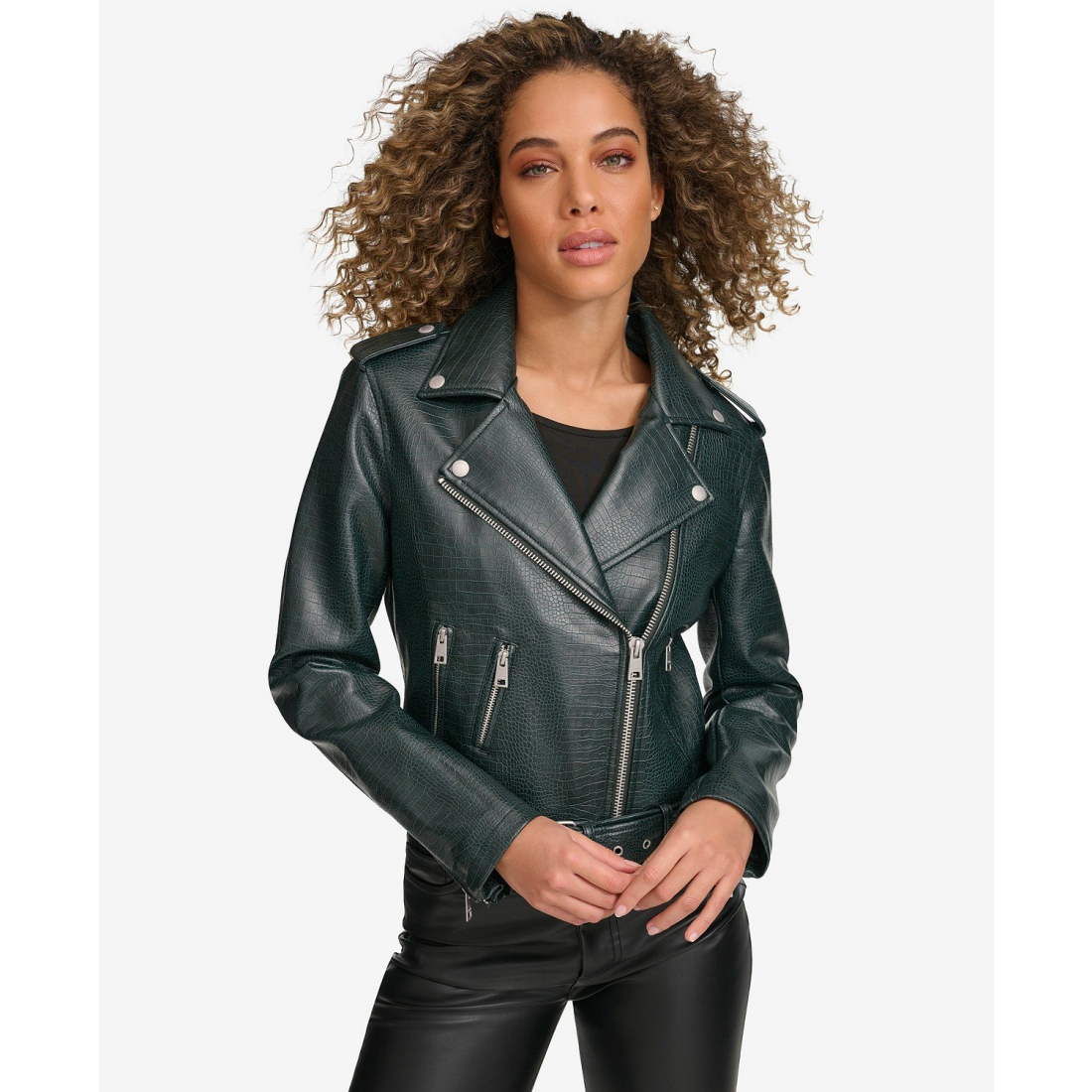 Veste 'Faux-Leather Belted Hem Moto' pour Femmes