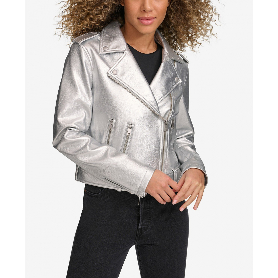 Veste 'Faux-Leather Belted Hem Moto' pour Femmes