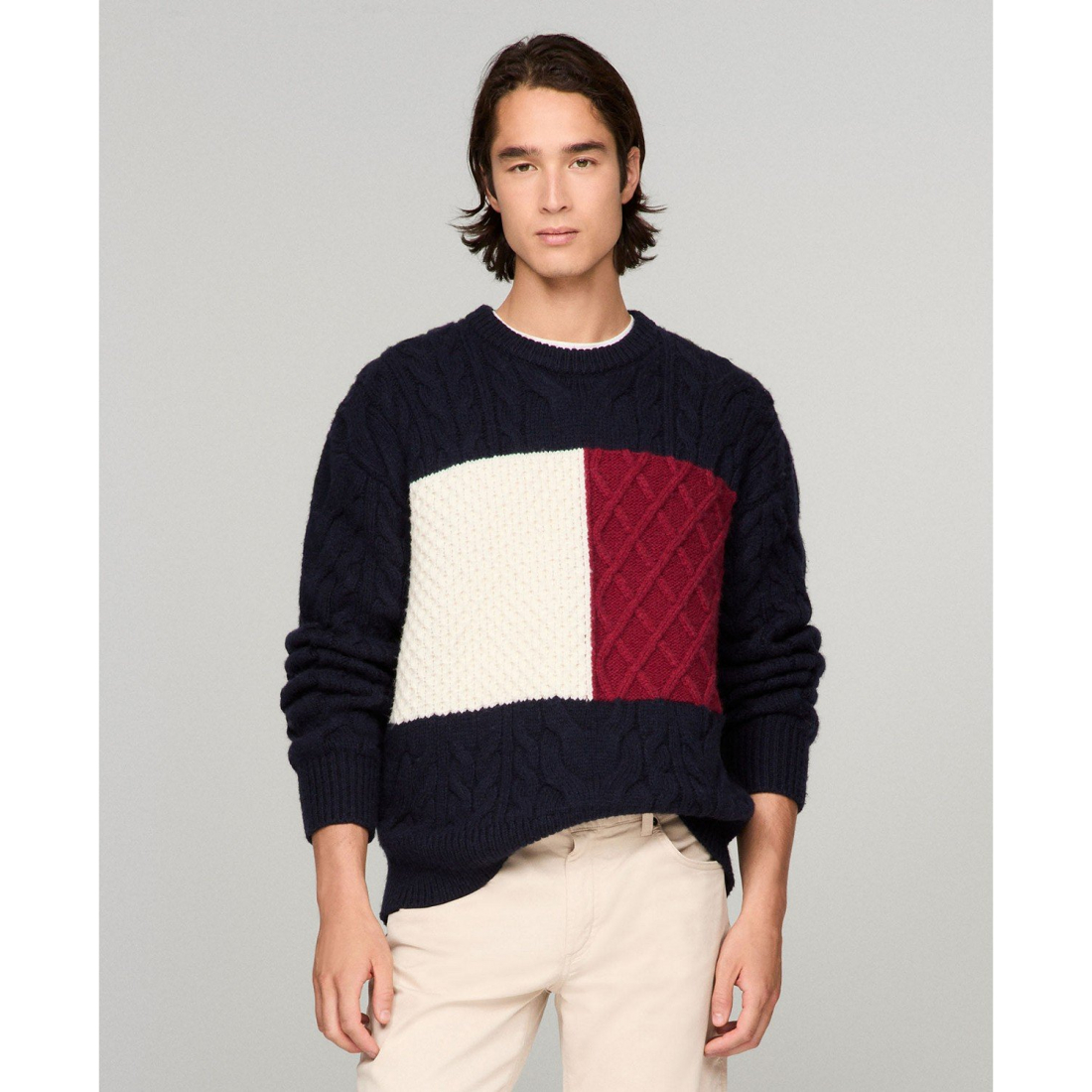 Men's 'Cable Knit Crewneck Pullover Long Sleeve Flag Sweater'