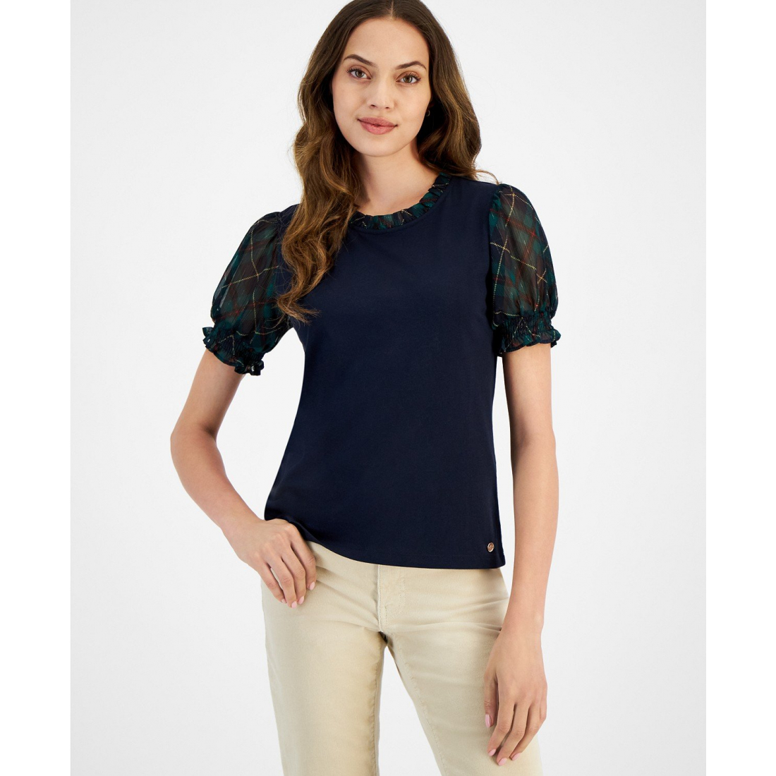 'Plaid-Trim Puffed-Sleeve Top' für Damen