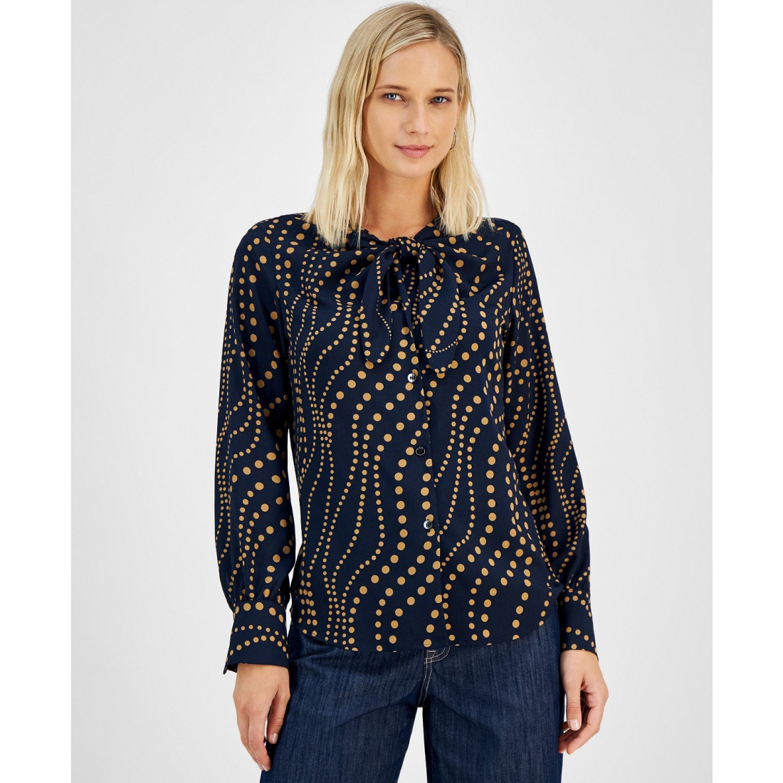 'Printed Tie-Neck Button-Front Blouse' pour Femmes