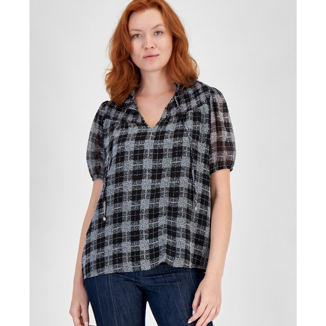 'Plaid Smocked Short-Sleeve Popover Top' pour Femmes