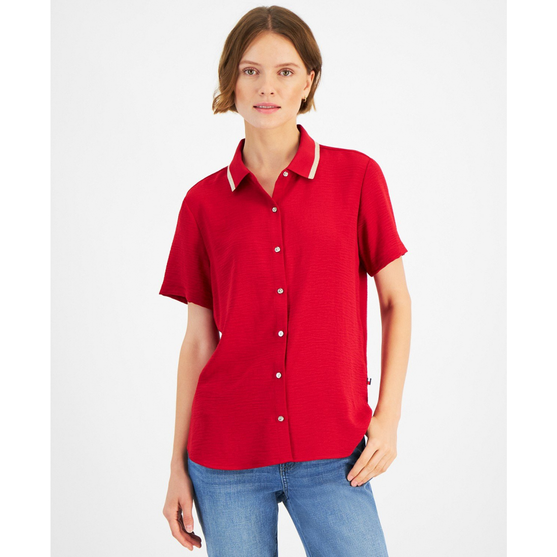 'Contrast-Collar Short-Sleeve Shirt' für Damen