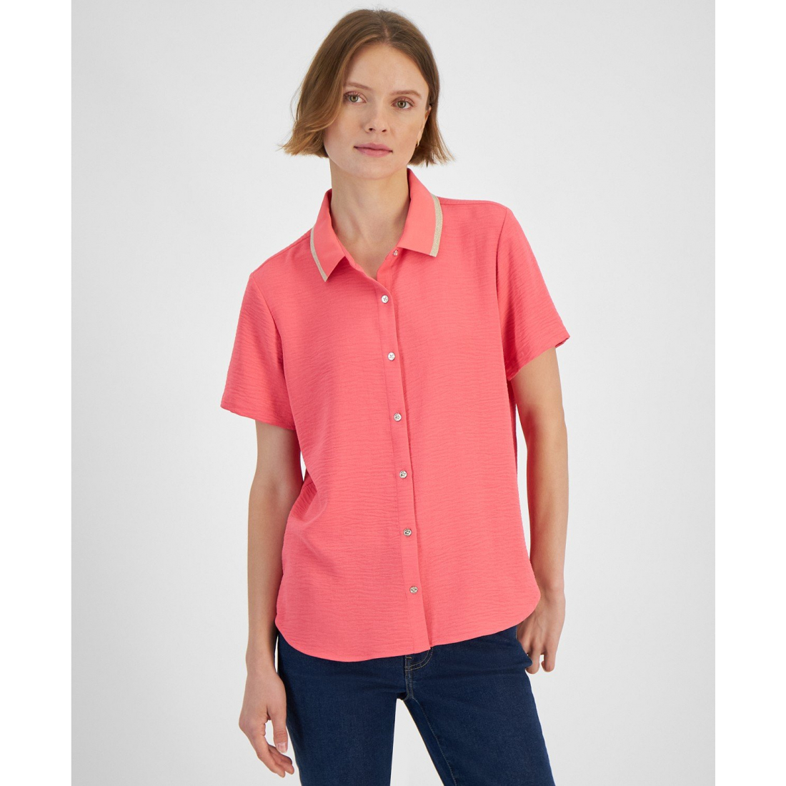 'Contrast-Collar Short-Sleeve Shirt' für Damen