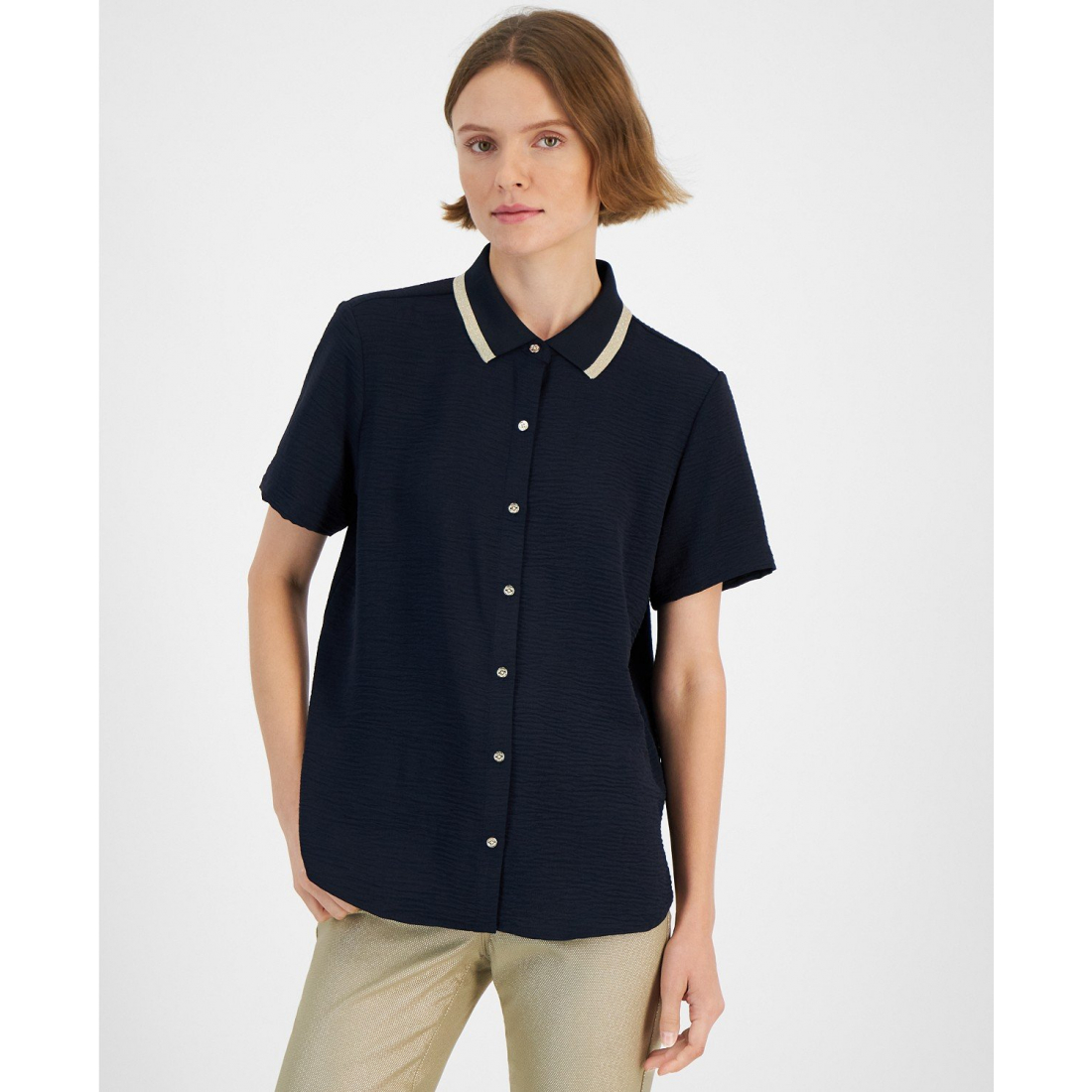 'Contrast-Collar Short-Sleeve Shirt' pour Femmes