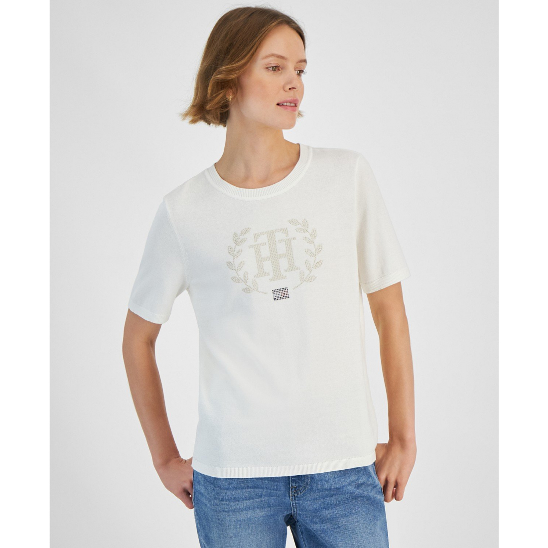 'Cotton Logo-Crest Crewneck Short Sleeve Sweater' pour Femmes