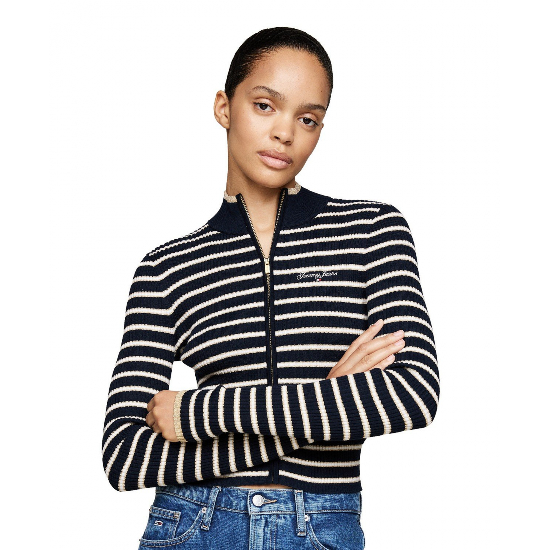 'Metallic Tipped Zip-Front Sweater' für Damen