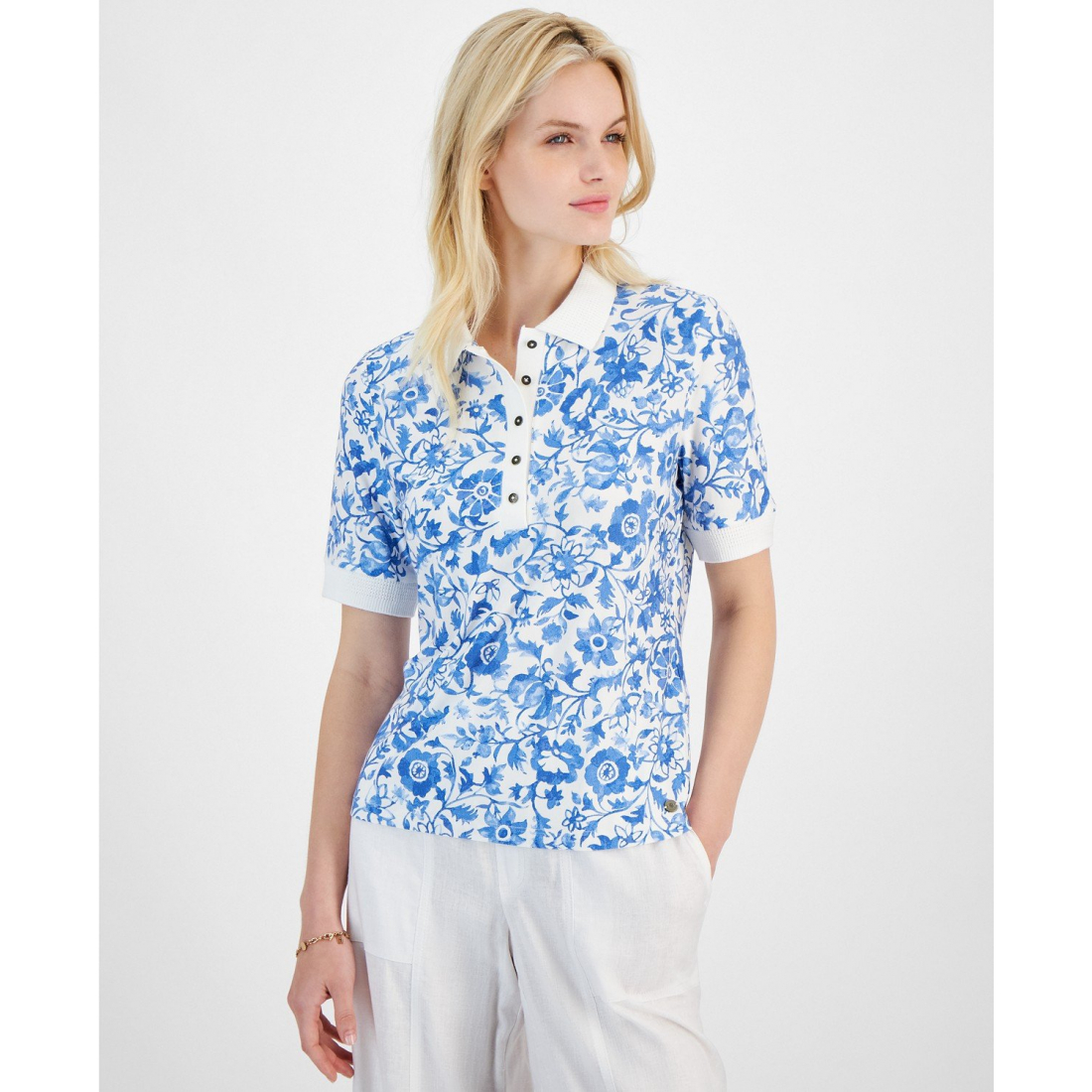 'Indigo Garden Printed Polo Top' pour Femmes