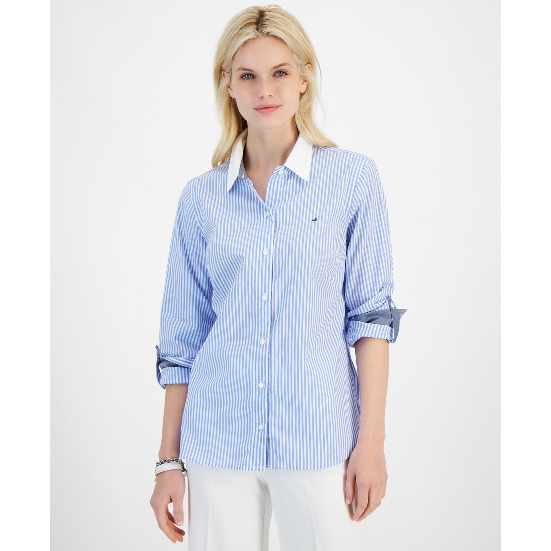 'Cotton Bengal-Stripe Roll-Tab Shirt' pour Femmes