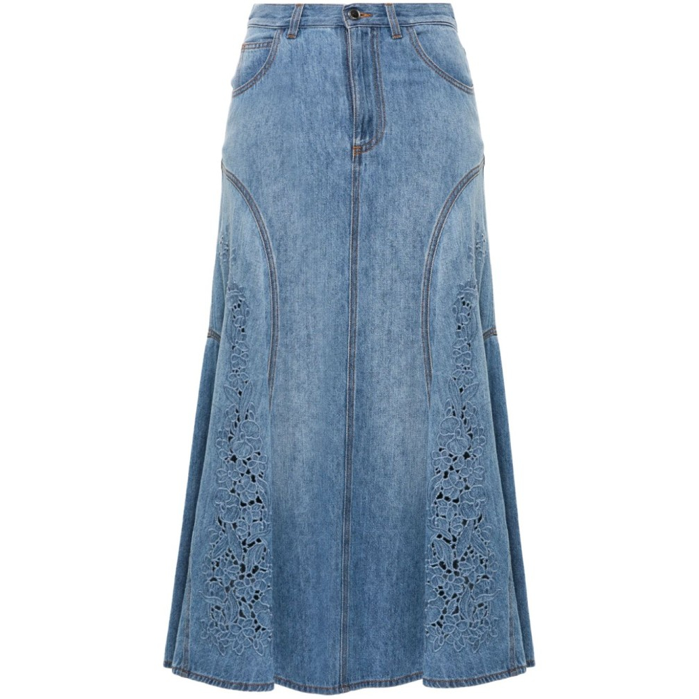 'Floral-Embroidered Midi' Denim-Rock für Damen