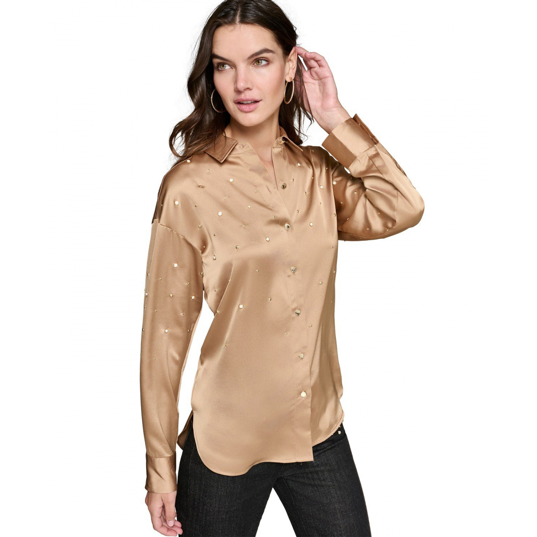 Chemise 'Imitation-Pearl Satin Button-Front, Regular & Petite' pour Femmes