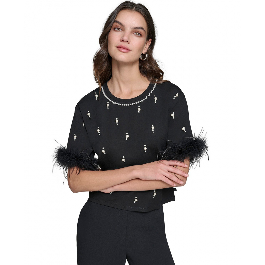 Top à manches courtes 'Faux-Pearl Feather-Trim' pour Femmes