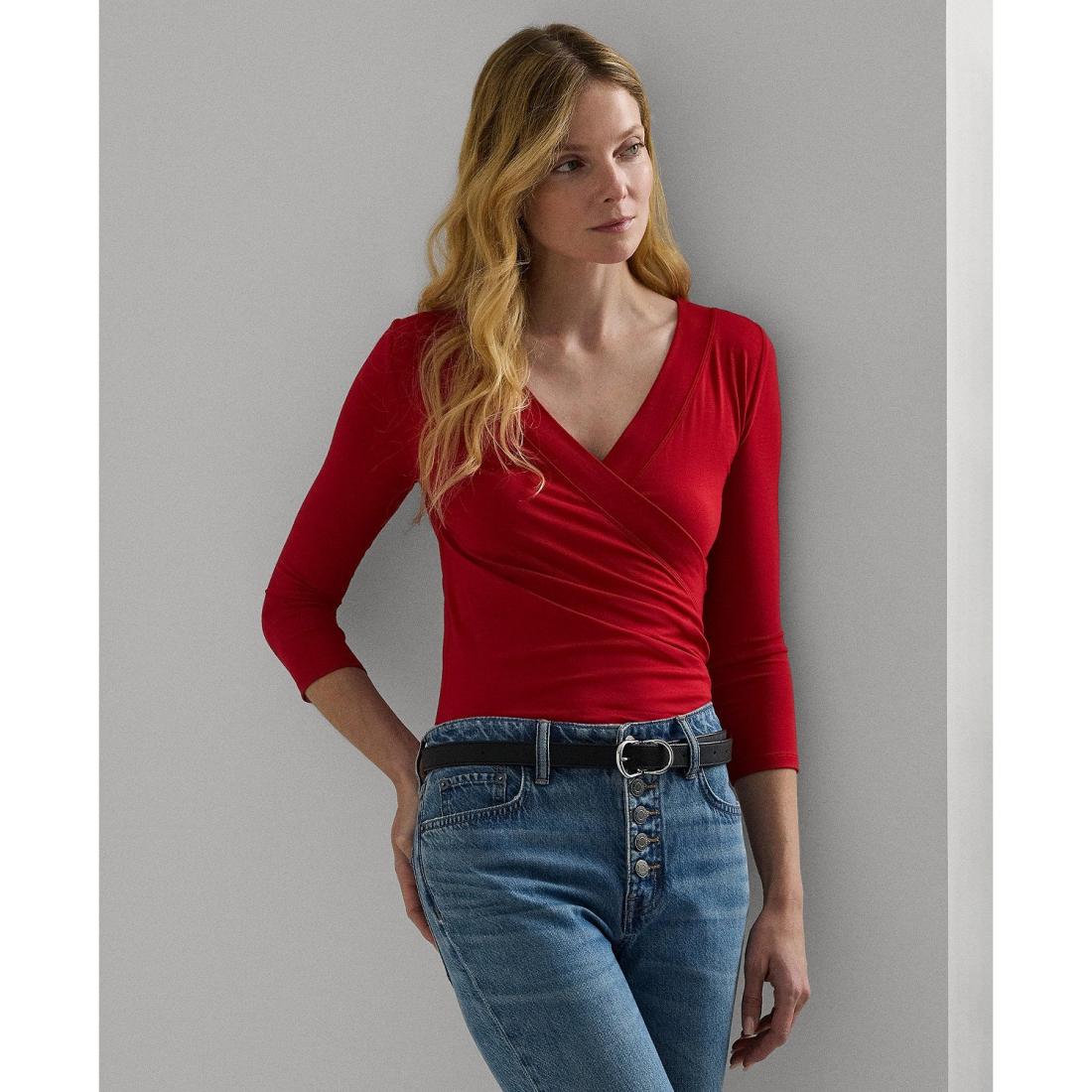 Top à manches 3/4 'Ruched Surplice' pour Femmes