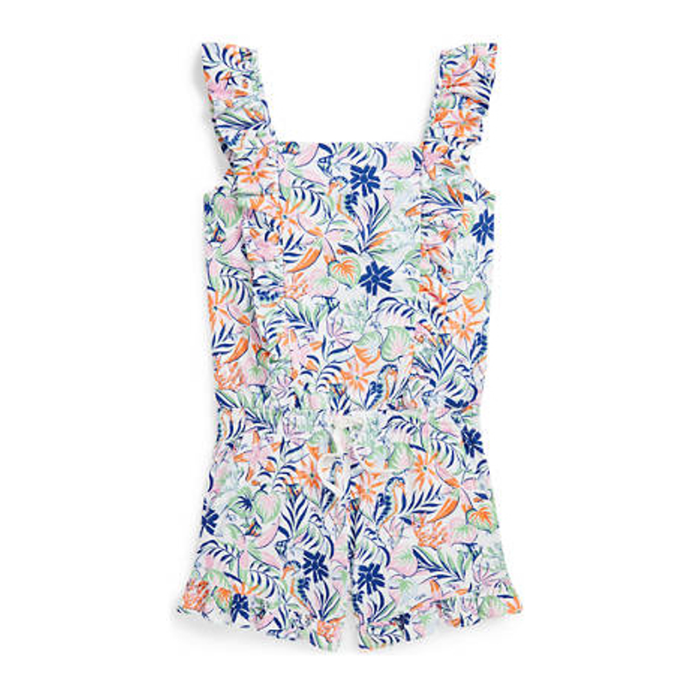 Big Girl's 'Tropical Print Ruffled Cotton Romper'