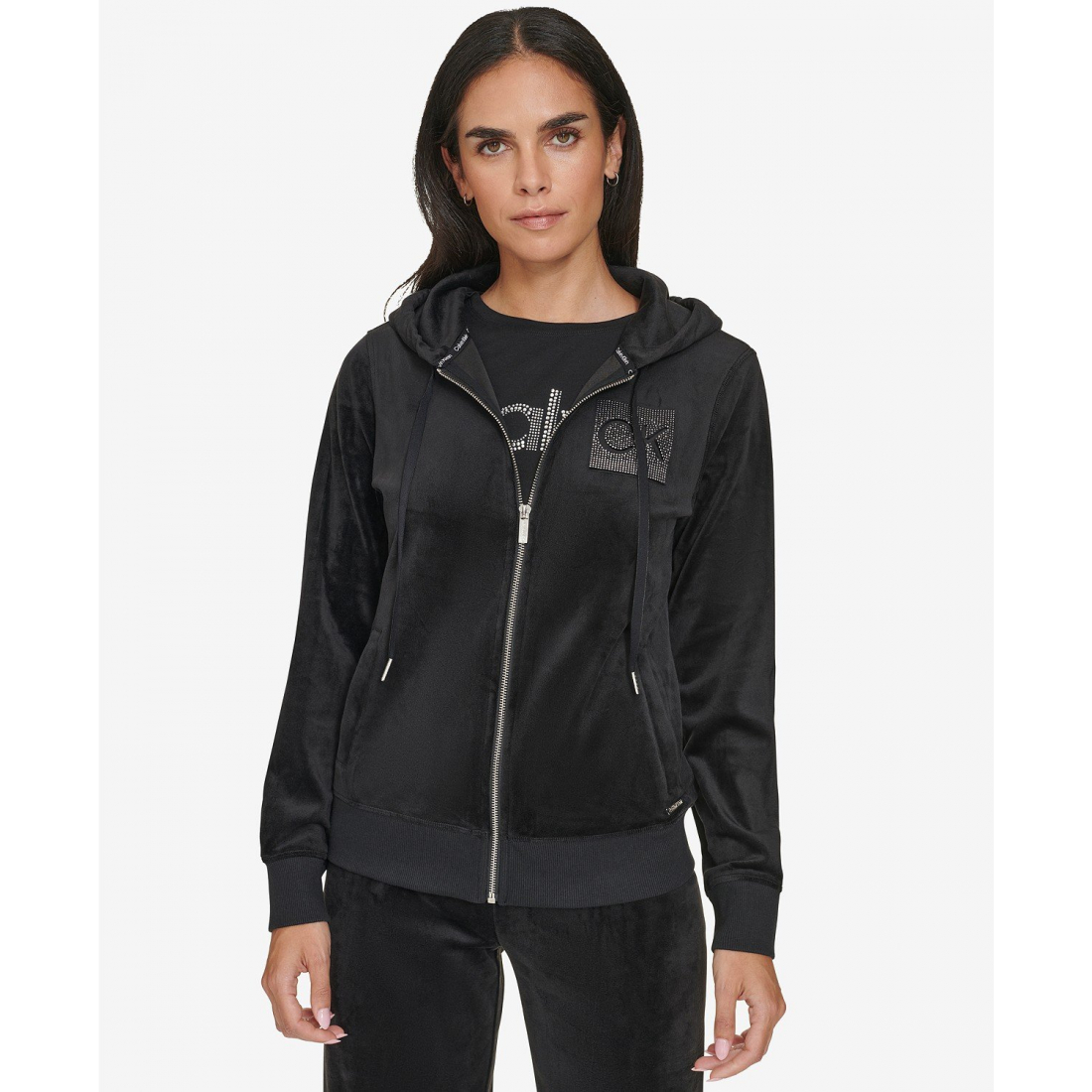 'Metallic Logo Velour Zip-Front Hoodie' pour Femmes