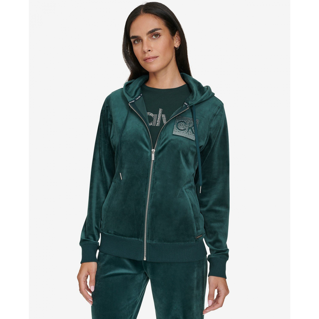 'Metallic Logo Velour Zip-Front Hoodie' pour Femmes