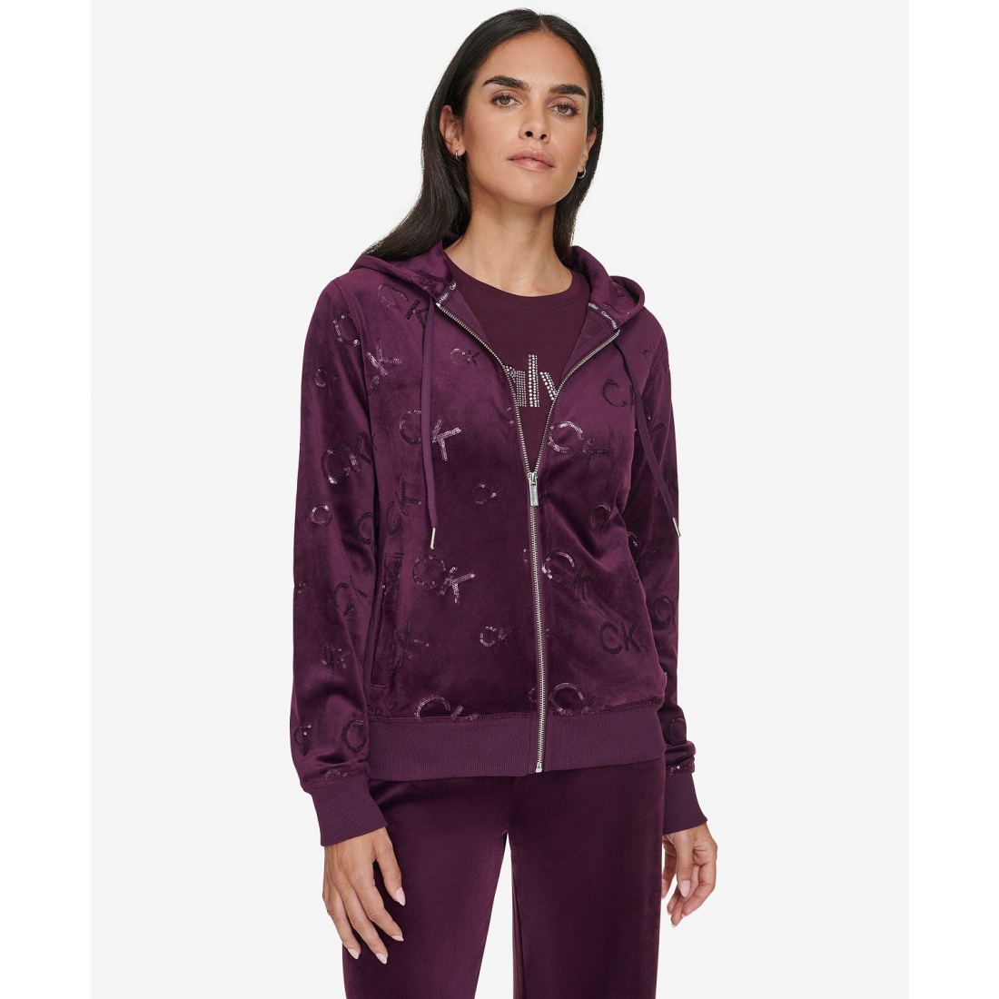 'Sequin-Logo Velour Zip-Front Hoodie' pour Femmes