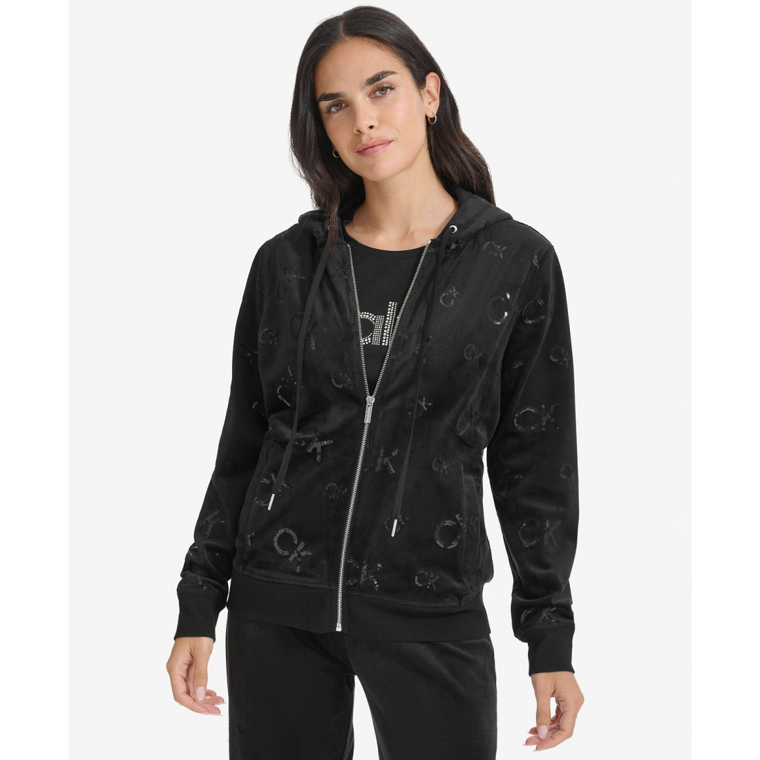 'Sequin-Logo Velour Zip-Front Hoodie' pour Femmes