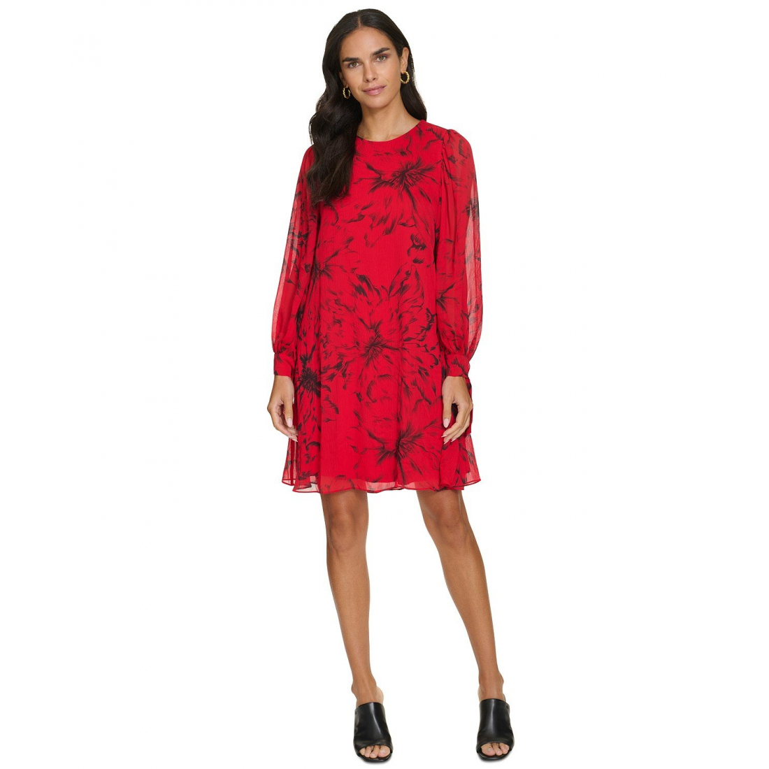 'Long-Sleeve Printed Chiffon Dress' pour Femmes