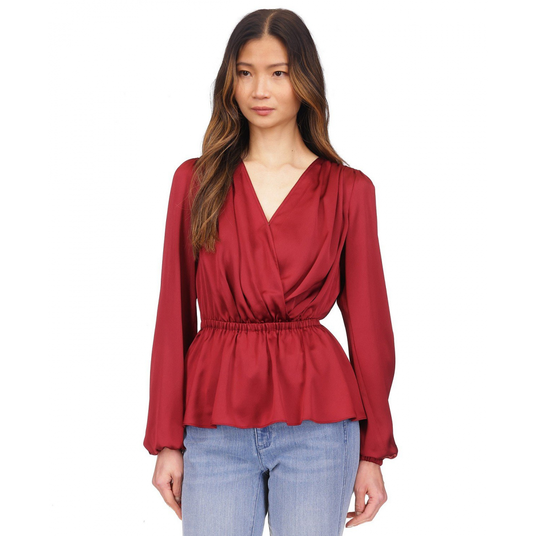 Women's 'Satin Faux-Wrap Peplum' Long Sleeve top