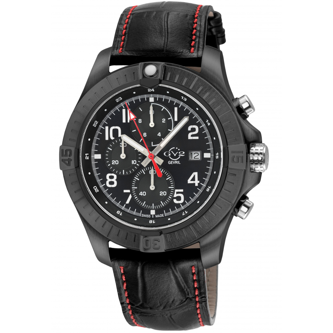 Men's T38 IPBLK Case, Enamel Black Dial with White print, 3 Black sub dial, Black/Red stitching Handmade Italian Leather Strap.