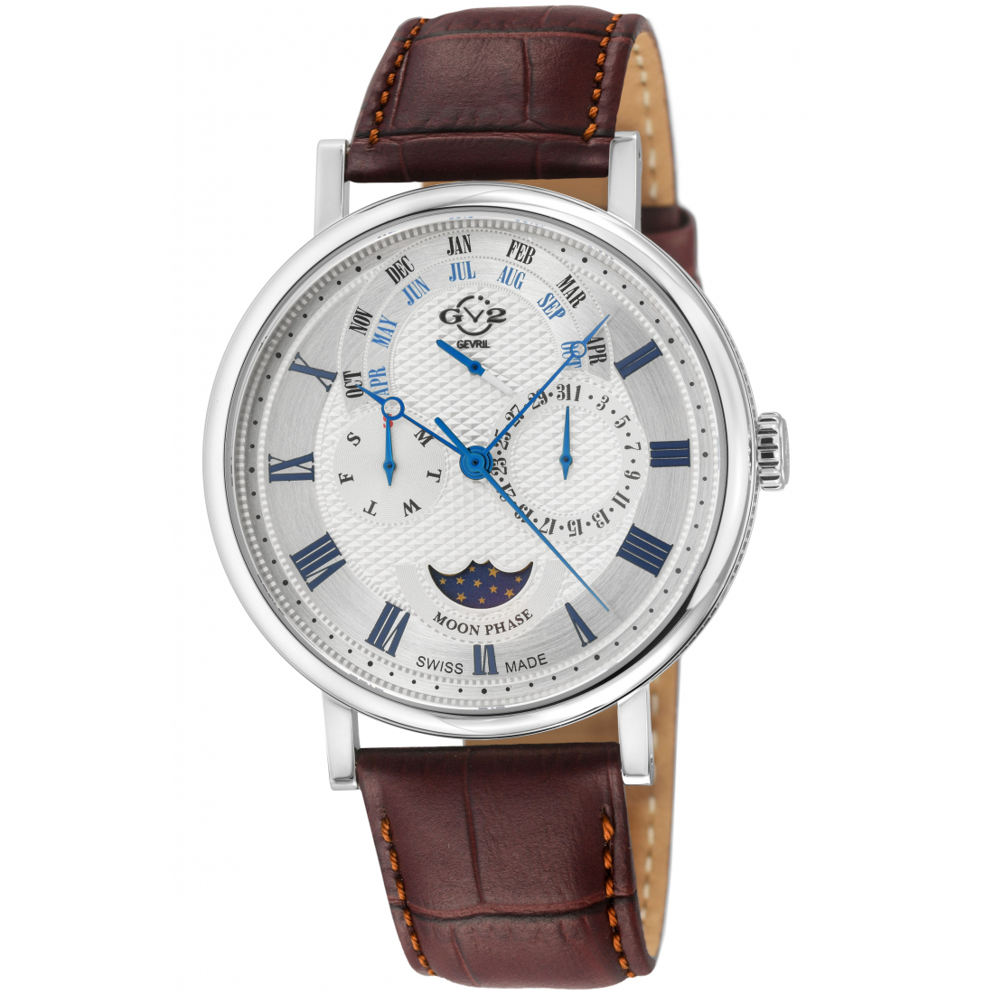 Men's Maestro SS Case, WhiteTextured Dial, Brown Handmade Italian Leather Strap.