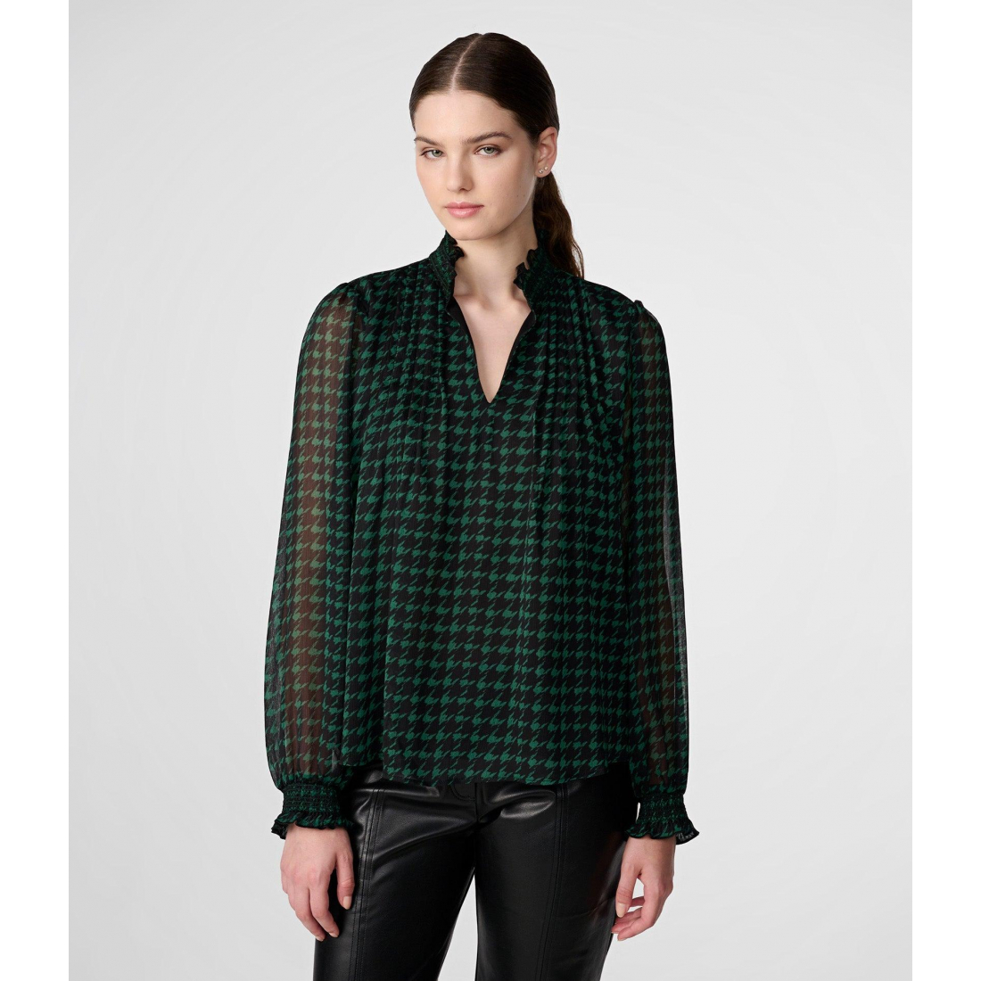 'Houndstooth Smocked Detail Chiffon' Langärmelige Bluse für Damen