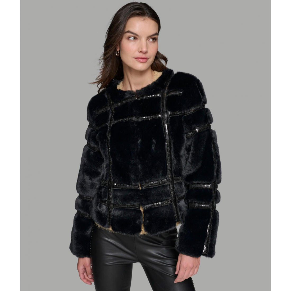 'Sequin Trimmed Faux Fur' Mantel für Damen