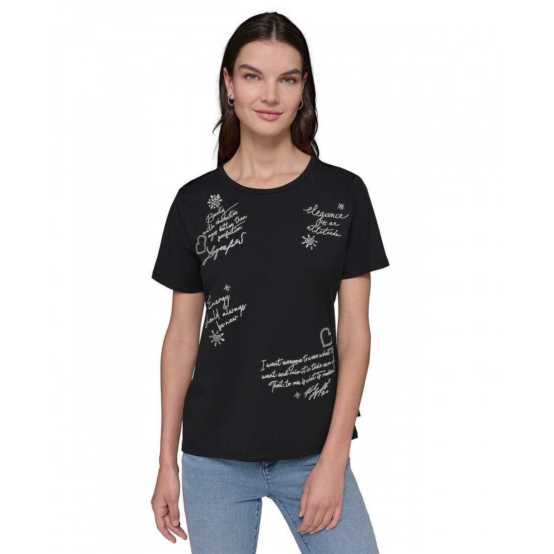 'Embellished Metallic-Script' T-Shirt für Damen