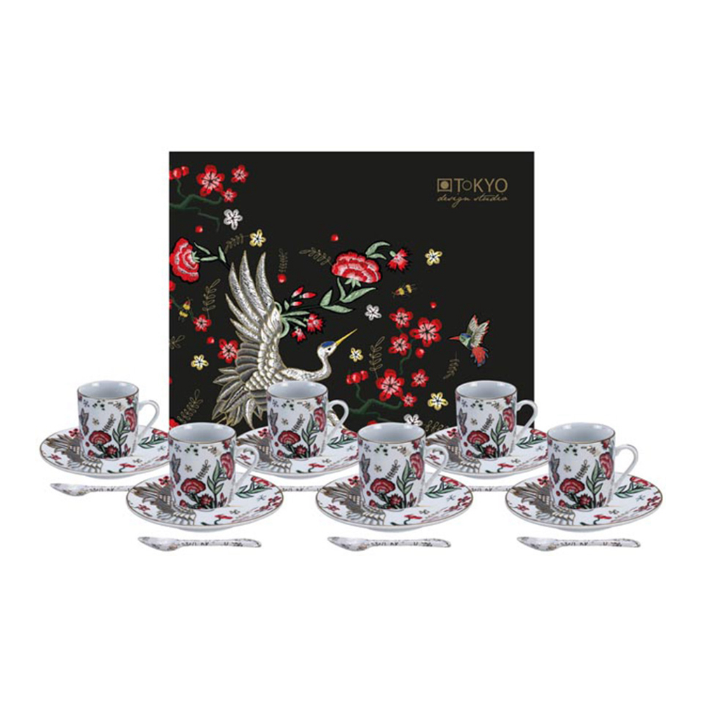 Espresso Set 6 Cups + Saucer And Spoon Magical And Mythical In White/Black/Red Porcelain