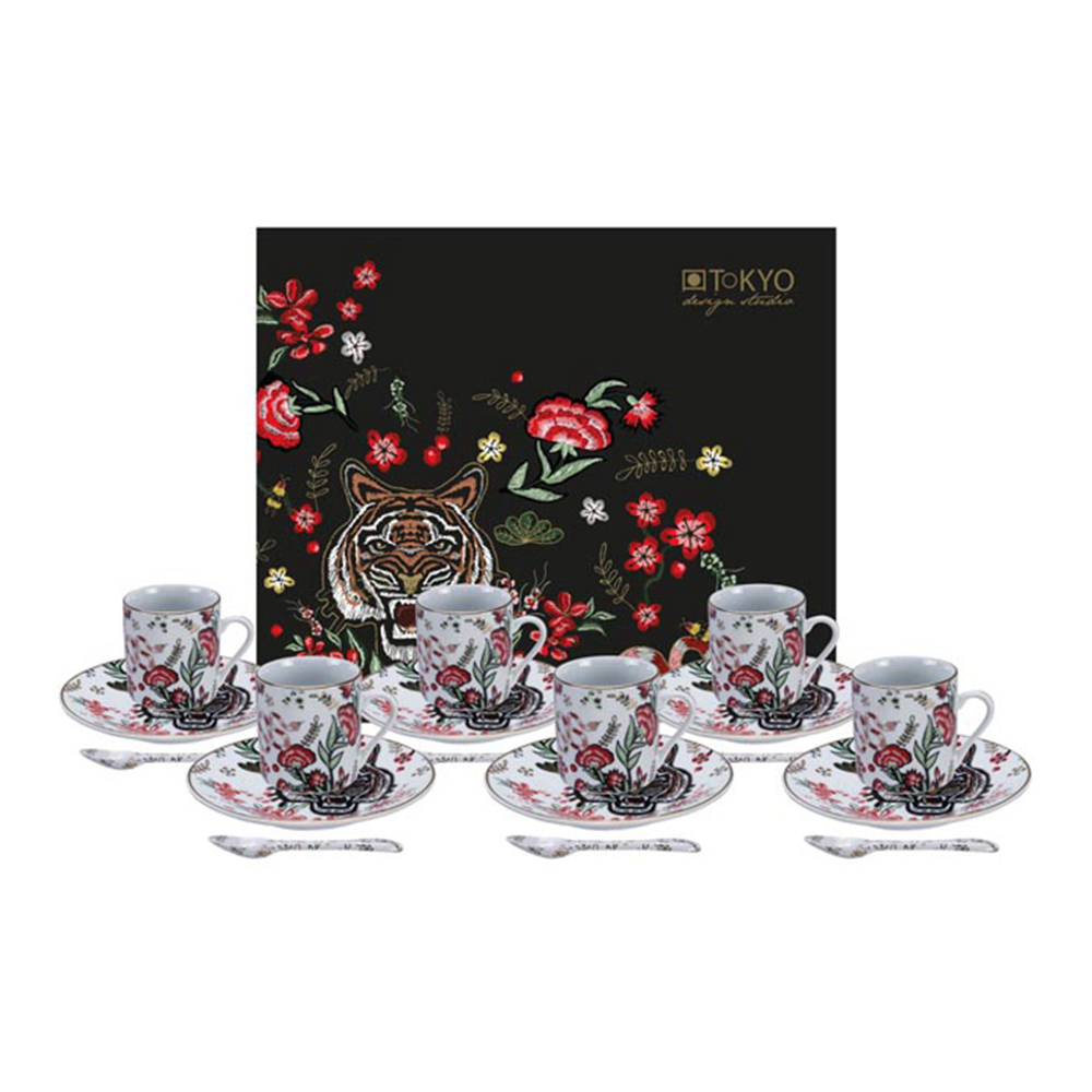 Service À Expresso 6 Tasses + Soucoupe Et Cuillère Magique Et Mythique En Porcelaine Blanc/Noir/Rouge