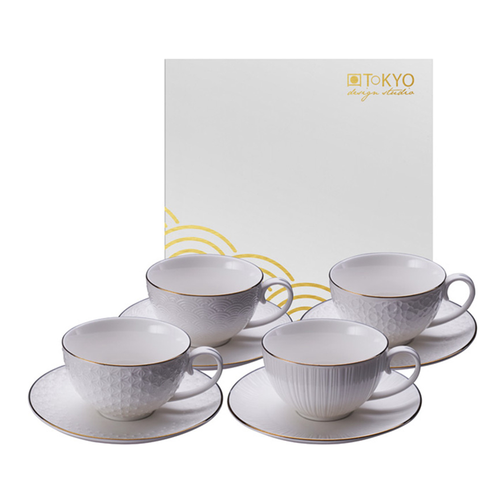 Tea Set 4 Cups + Saucers Nippon White In White Porcelain