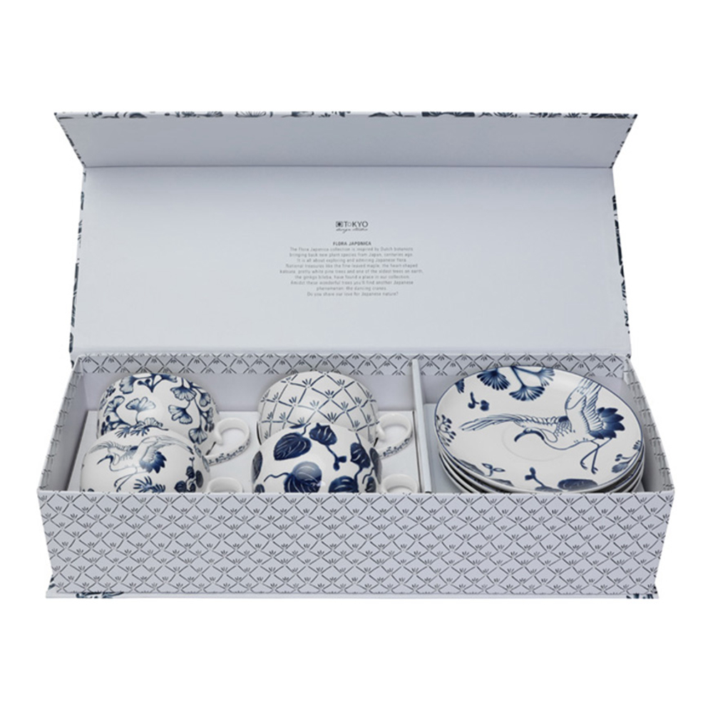 Coffee Set 4 Cups + Saucers Flora Japonica In White/Blue Porcelain