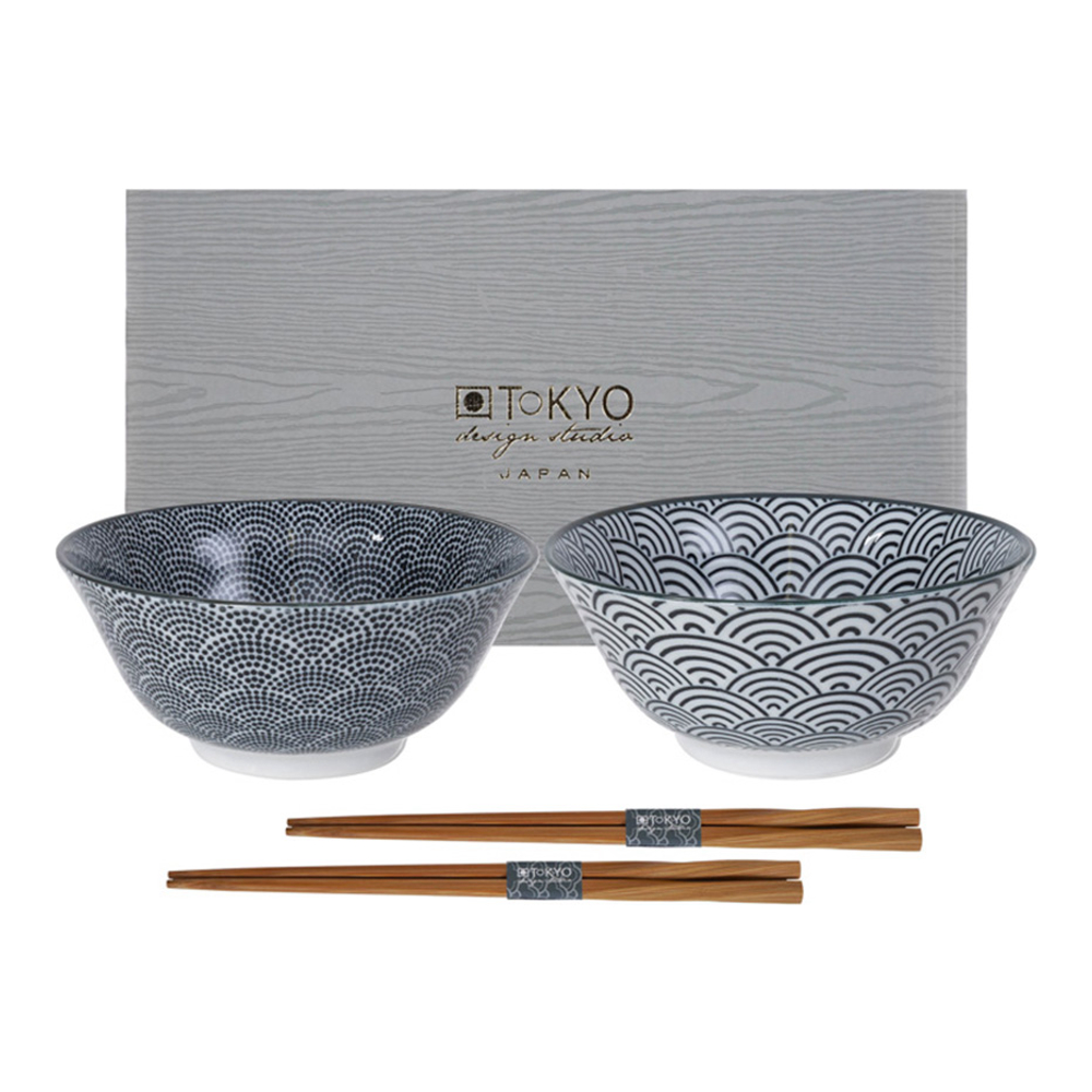 Set De 2 Bols + Baguettes Nippon Black En Porcelaine Blanc/Bleu