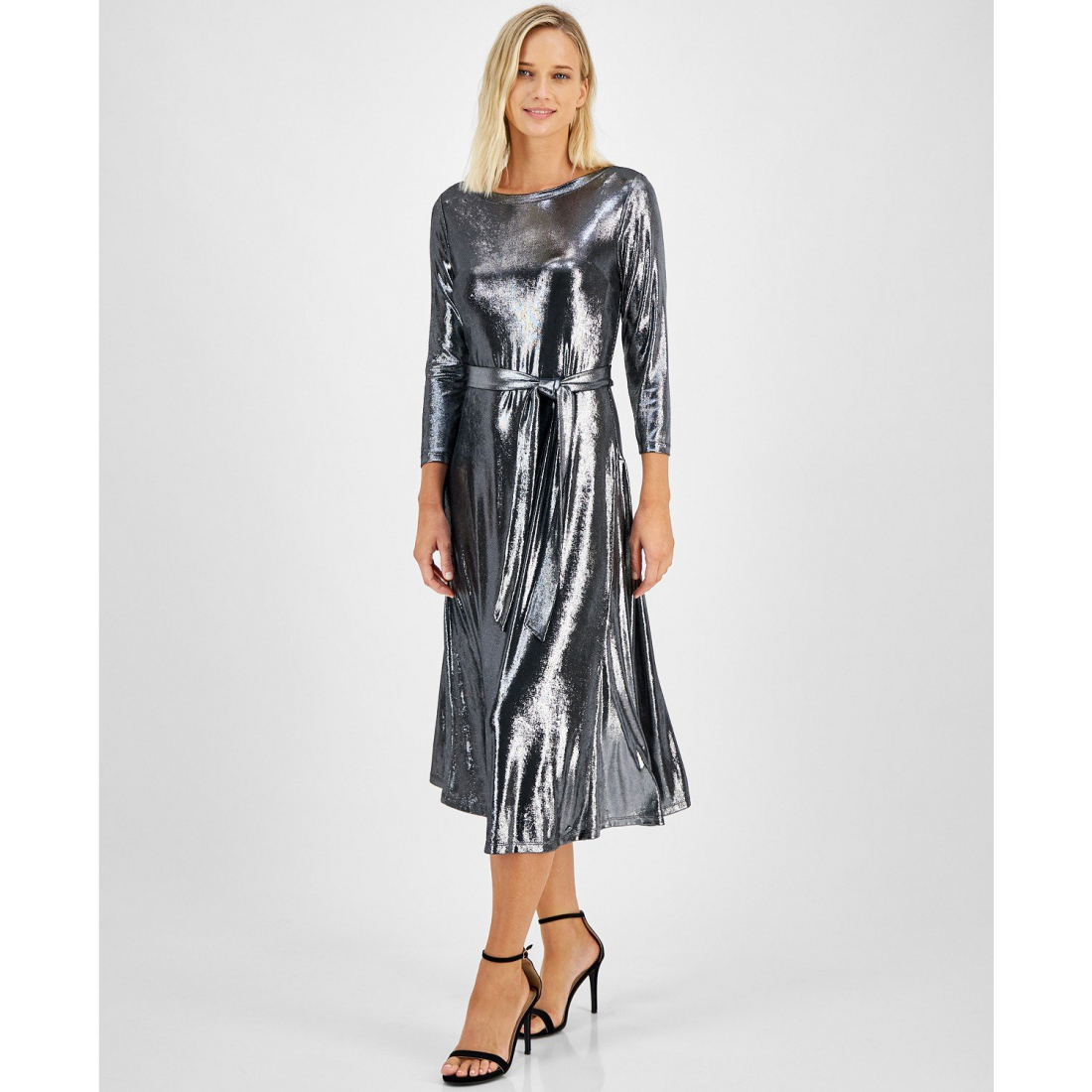 Women's 'Shine Metallic Tie-Waist' Midi Dress