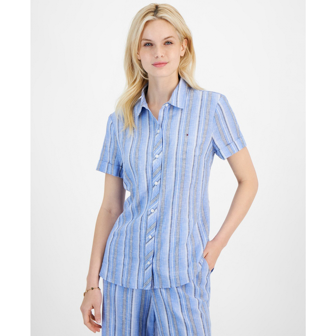 Chemise à manches courtes 'Linen-Blend Striped Short-Sleeve' pour Femmes