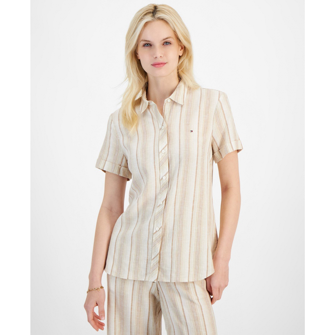 Chemise à manches courtes 'Linen-Blend Striped Short-Sleeve' pour Femmes